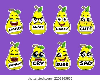 Set of cute funny yellow pear character with different emotions. Vector illustration, stickers in cartoon style.