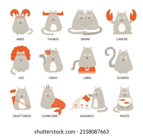 Set of cute funny zodiac cats. Twelve zodiacal signs. Aries taurus gemini cancer leo virgo libra scorpio sagittarius capricorn aquarius pisces. Cat astrological symbols