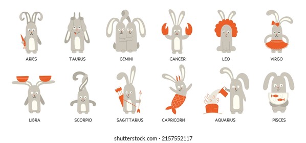 Set of cute funny zodiac rabbits. Twelve zodiac signs. Aries taurus gemini cancer leo virgo libra scorpio sagittarius capricorn aquarius pisces. Hare or rabbit astrological symbols