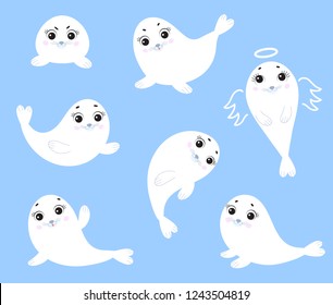 Set of cute fur seals isolated on blue. Happy cartoon character in flat modern style. Baby animal collection for stickers, cards, wrapping paper, children’s textile, interior of nursery or playroom