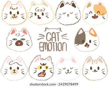 Conjunto de lindos gatos peludos en garabato de crayón. Emoción de la variedad dibujada a mano en la cara del gatito. Dibujo del personaje de la cara de la mascota hecho a mano. Divertido bozal con estilo mascotas aisladas. Ilustración vectorial.