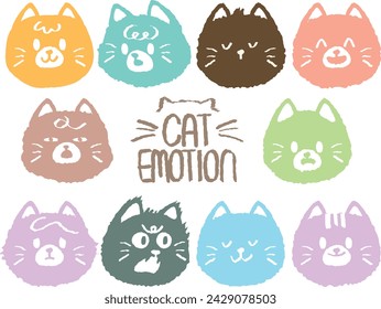 Conjunto de lindos gatos peludos en garabato de crayón. Emoción de la variedad dibujada a mano en la cara del gatito. Dibujo del personaje de la cara de la mascota hecho a mano. Divertido bozal con estilo mascotas aisladas. Ilustración vectorial.