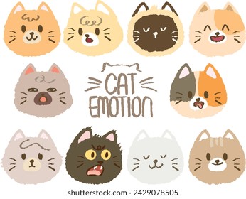 Set of cute furry cats in crayon doodle. Hand drawn variety emotion on the face of kitten. Sketch pet face character handmade. kids animals. Funny stylish muzzle isolated pets. Vector illustration.