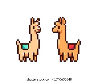 Set of cute game art pixel lamas on white background