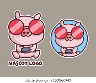 set of cute game pig mascot logo with optional apprearance. premium kawaii vector