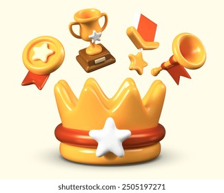 Set of cute game trophies in realistic style. Golden crown, cup, medal, order, trumpet