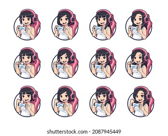 Set of cute gamer character mascot logo, Gamer girl logo for esport or streamer