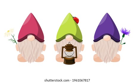 Set of cute garden gnomes with colorful hats on a white background