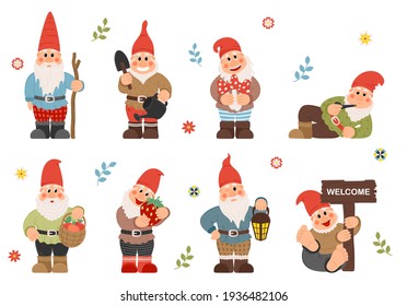 Set of cute garden gnomes. Cute fairytale characters. Bundle of lawn ornaments or decorations.