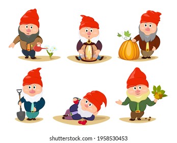 Set of cute garden gnomes. Set of cute fairytale characters. Character with shovel with mushrooms, pot with plant