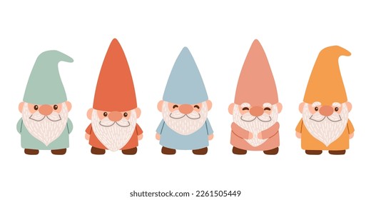 Juego de gnomos de jardín adorables. Aislado sobre un fondo blanco. Ilustración vectorial de dibujos animados planos EPS10.