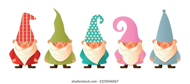 Set of cute garden gnomes. Isolated on a white background. Draw vector illustration banner design gnome plant in garden For spring Cartoon style
