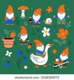 Set of cute garden gnomes in red hats. Vector graphics