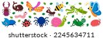 Set of cute garden insects, bugs. Snail, spider, butterfly, stag-beetle, mantis, dragonfly, grasshopper, worm, spider, ladybug, bee, beetle, ant for children. Funny childish characters. Cartoon vector