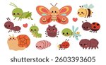 Set of cute garden insects, bugs. Snail, spider, butterfly, stag beetle, dragonfly, grasshopper, worm, spider, ladybug, bee ,fire fly, ant for children. Funny childish characters.