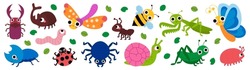 Set Of Cute Garden Insects, Bugs. Snail, Spider, Butterfly, Stag-beetle, Mantis, Dragonfly, Grasshopper, Worm, Spider, Ladybug, Bee, Beetle, Ant For Children. Funny Childish Characters. Cartoon Vector