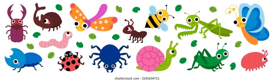 Juego de lindos insectos de jardín, insectos. Caracol, araña, mariposa, escarabajo, mantis, libélula, saltamontes, gusano, araña, mariquita, abeja, escarabajo, hormiga para los niños. Personajes infantiles divertidos. Vector de dibujos animados
