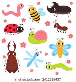 Set of cute garden insects, bugs. Snail, butterfly, stag-beetle, dragonfly, worm, ladybug, bee, rhinoceros beetle, ant and caterpillar for children. Funny childish characters.