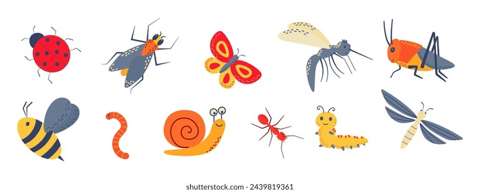 Set of cute garden insects, bugs. Snail, butterfly, dragonfly, grasshopper, worm, mosquito, ladybug, bee, caterpillar, fly, ant for children. Funny childish characters. 