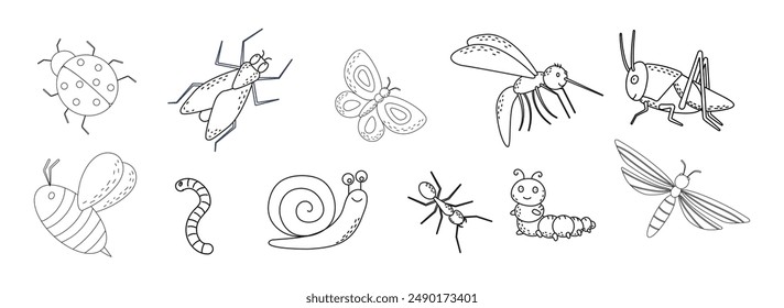 Set of cute garden insects, bugs. Snail, butterfly, dragonfly, grasshopper, worm, mosquito, ladybug, bee, caterpillar, fly, ant for children. Funny childish characters.