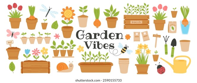 Set of cute garden tools, spring plants and flowers, insects with Garden Vibes lettering text. Hand drawn vector illustration