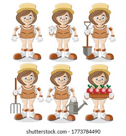 Set of cute gardeners. Isolated on white background. Vector illustration.