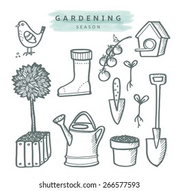 Set of cute gardening doodle sketches, isolated vector objects