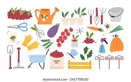 Set of cute gardening and farming tools, cartoon flat vector illustration isolated on white background. Collection of hand drawn watering can, scissors, shovel, soil bag, seeds, gloves and vegetables.