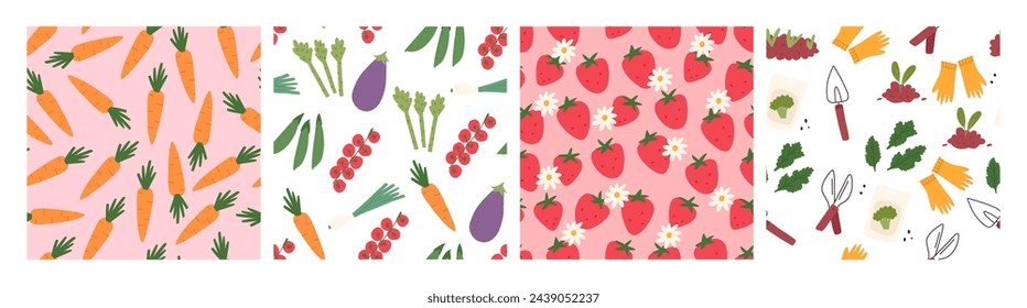 Conjunto de patrones sin fisuras de primavera de jardinería linda, ilustración vectorial plana de dibujos animados. Colección de fondos coloridos con fresas, verduras, zanahorias y herramientas de jardinería y agricultura.