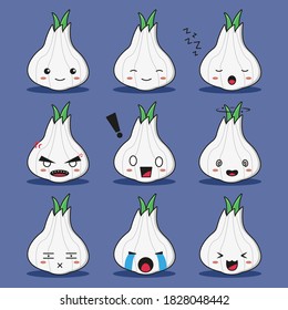 set of cute garlic mascot character. Design isolated on blue background.