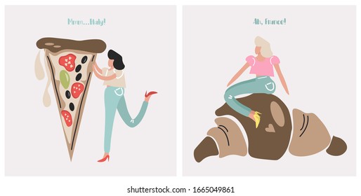 Set of cute gastronomic travel postcards