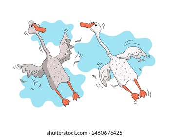 Set of cute geese flying in the clouds. Funny goose birds in the sky. Animal, bird, feathers. Vector flat cartoon illustration on isolated background.