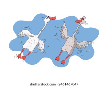 Set cute geese. Funny goose birds in different poses. Birds and feathers icons. Vector flat cartoon illustration on isolated white background.