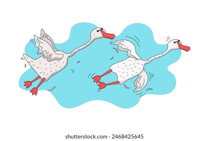 Set cute geese. Funny goose birds in different poses. Birds and feathers icons. Vector flat cartoon illustration on isolated white background.