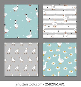 Set of cute geese seamless patterns. Vector goose print for kids