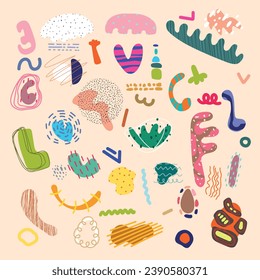 Set with cute geomertic figure, dots, spots, line, grunge. Cartoon vector illustration.