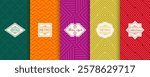 Set of Cute geometric seamless patterns on vibrant background with minimal labels, frames. Abstract vector textures. Design for print, voucher, decor, package, banner, card