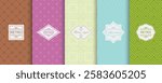 Set of Cute geometric seamless patterns on modern background with minimal labels, frames. Abstract vector textures. Design for print, voucher, decor, package, banner, card