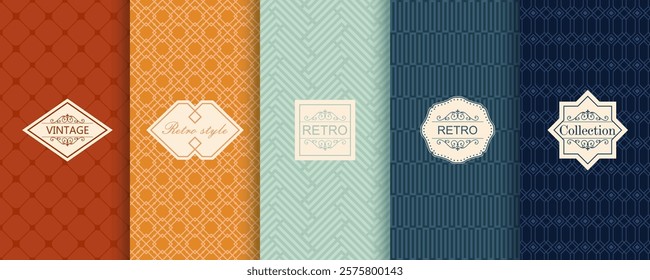 Set of Cute geometric seamless patterns on vibrant background with minimal labels, frames. Abstract  vector textures.Vintage  Design for print, voucher, decor, package, banner
