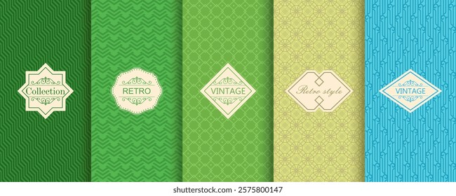 Set of Cute geometric seamless patterns on vibrant background with minimal labels, frames. Abstract  vector textures. Design for print, vaucher, decor, package, banner