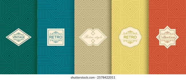 Set of Cute geometric seamless patterns on vibrant background with minimal labels, frames. Abstract vector textures.Vintage Design for print, voucher, decor, package, banner