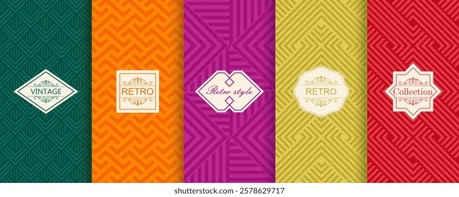 Set of Cute geometric seamless patterns on vibrant background with minimal labels, frames. Abstract vector textures. Design for print, vaucher, decor, package, banner, card