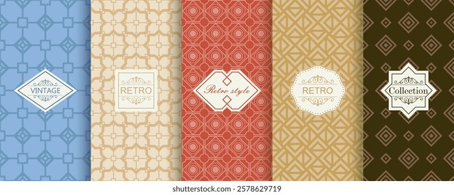 Set of Cute geometric seamless patterns on vibrant background with minimal labels, frames. Abstract vector textures. Design for print, voucher, decor, package, banner, card