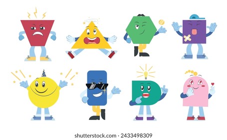 Set of cute geometric shapes and letters characters in cartoon style. Vector illustration of shapes and figures with emotions,poses: angry,giddy,rich, sticking out tongue, funny,cool, smart, in love.