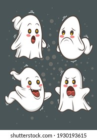 set of cute ghost cartoon character illustration - happy Halloween