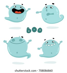 Set of cute ghost cartoon vector illustrations. Kind spooks for kid's halloween party design, holiday invitation cards and posters.