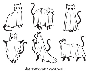 Set of cute ghost cats. Collection of cute flying kittens spirit. Halloween pets. Boo. Cartoon spooky baby character. Vector illustration for greeting card. 