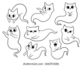 Set of cute ghost cats. Collection of cute flying kittens spirit. Halloween pets. Boo. Cartoon spooky baby character. Vector illustration for greeting card. 