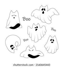 Set of cute ghost cats. Collection of cute flying kittens spirit. Halloween pets. Boo. Cartoon spooky baby character. Vector illustration for greeting card.