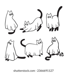 Set of cute ghost cats. Collection of cute flying kittens spirit. Halloween pets. Boo. Cartoon spooky baby character.